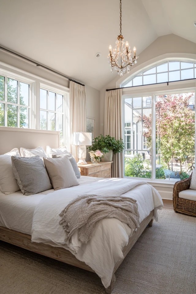 Bed positioned away from direct morning sun with window treatments managing light for quality sleep in a sunroom bedroom