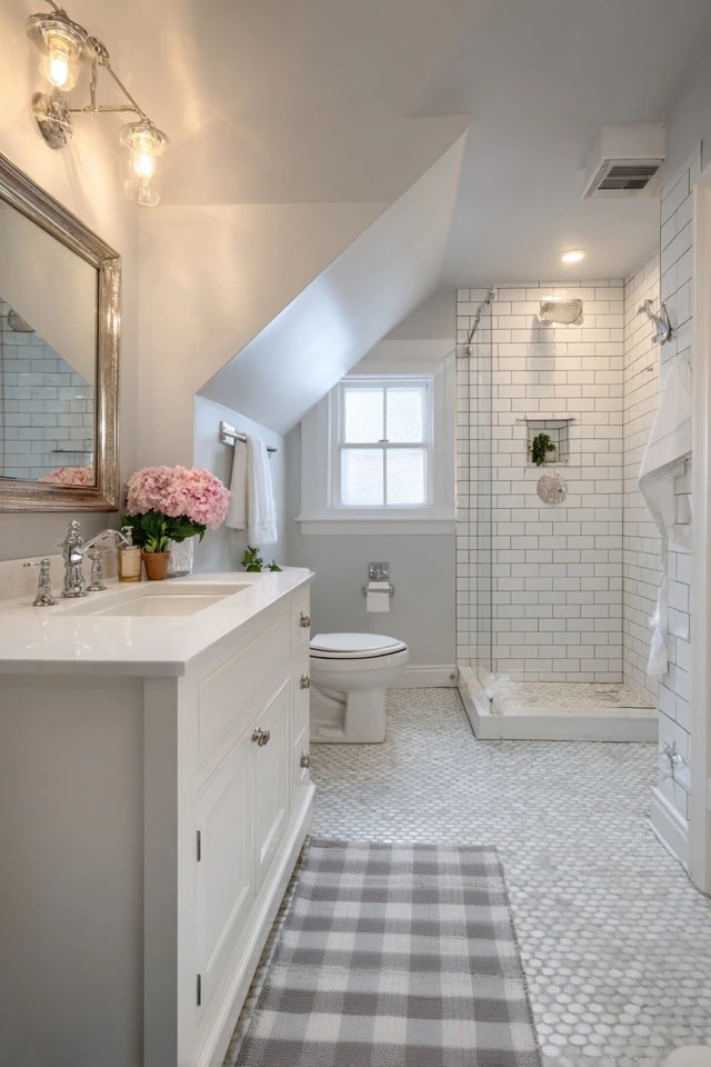Light oak or pine natural wood vanity providing organic Scandinavian warmth in a bright attic bathroom