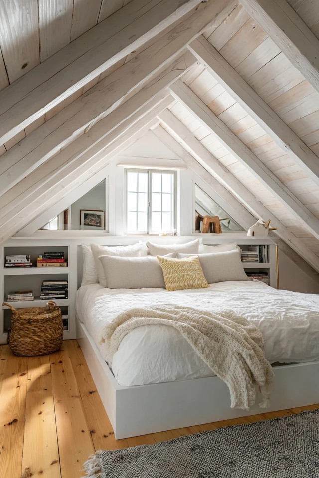 Wall mirrors positioned to reflect window light and visually expand a low ceiling attic bedroom