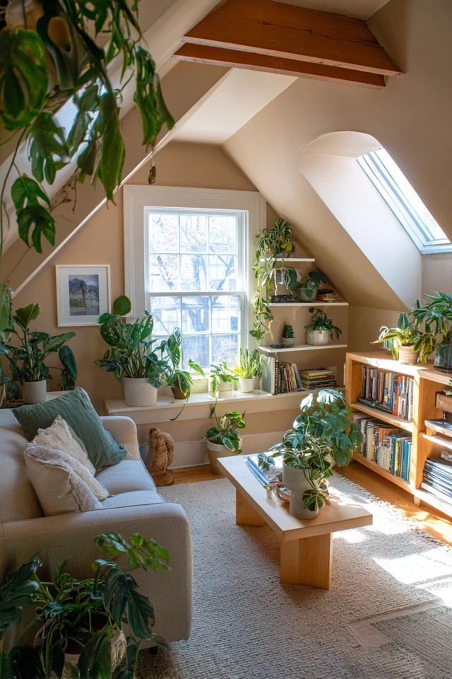 Potted plants on windowsills, shelves, and stands creating living botanical accents throughout an attic apartment