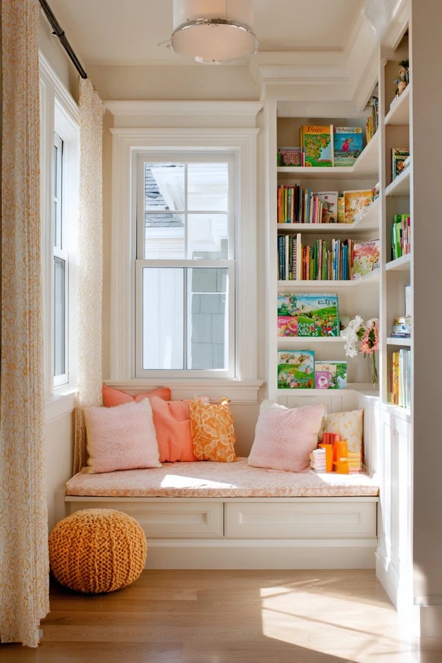 Cushioned floor seating and low bookshelf creating a cozy reading nook in a sunroom playroom