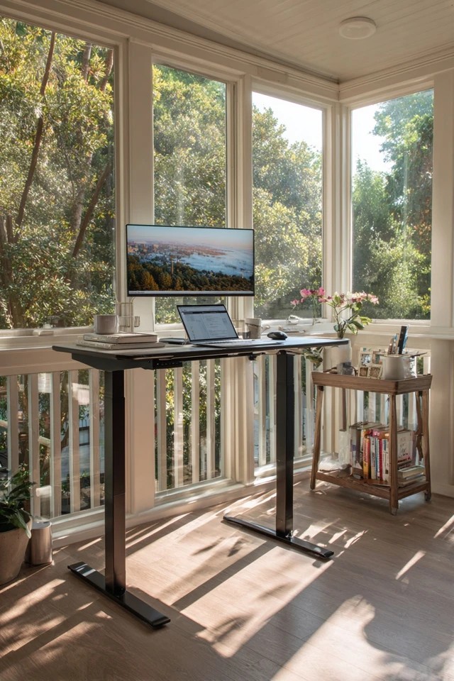 Adjustable height standing desk creating ergonomic sit-stand flexibility in a health-conscious sunroom office