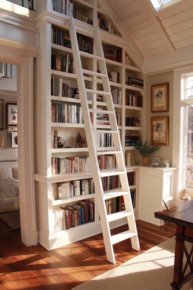 Rolling library ladder reaching upper bookshelves creating elegant functional access in a tall sunroom library