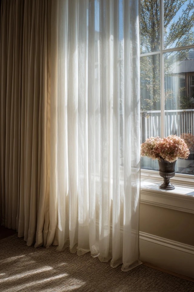 Double-layer curtain treatment with sheer and opaque panels creating fully flexible light control in a sunroom