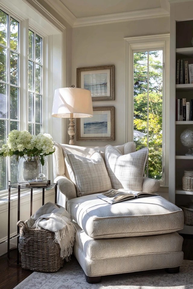 Upholstered armchair with floor lamp and side table creating a cosy reading nook in a sunroom living room