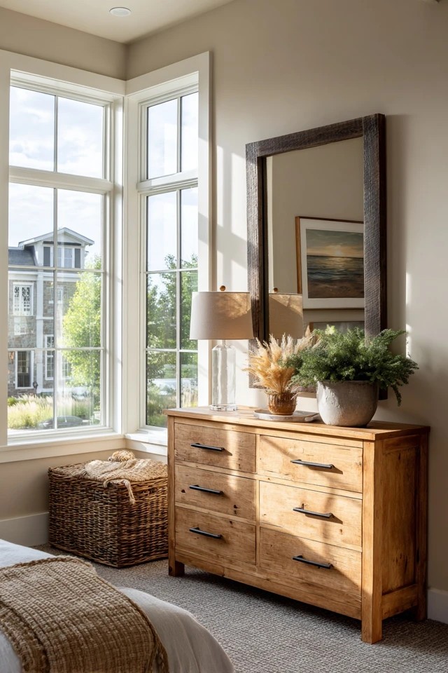 Chest of drawers providing essential clothing storage in a complete functional sunroom bedroom