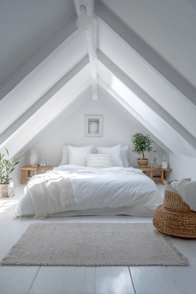 White painted walls and sloped ceiling creating a bright open airy feeling in a compact attic bedroom