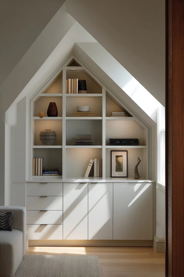 Custom built-in cabinetry fitted into the low eave spaces creating integrated storage throughout an attic apartment