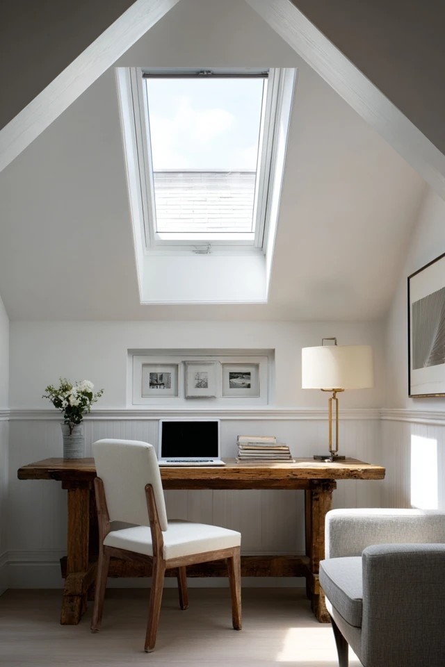 Skylight positioned directly above the attic office desk providing bright overhead natural illumination