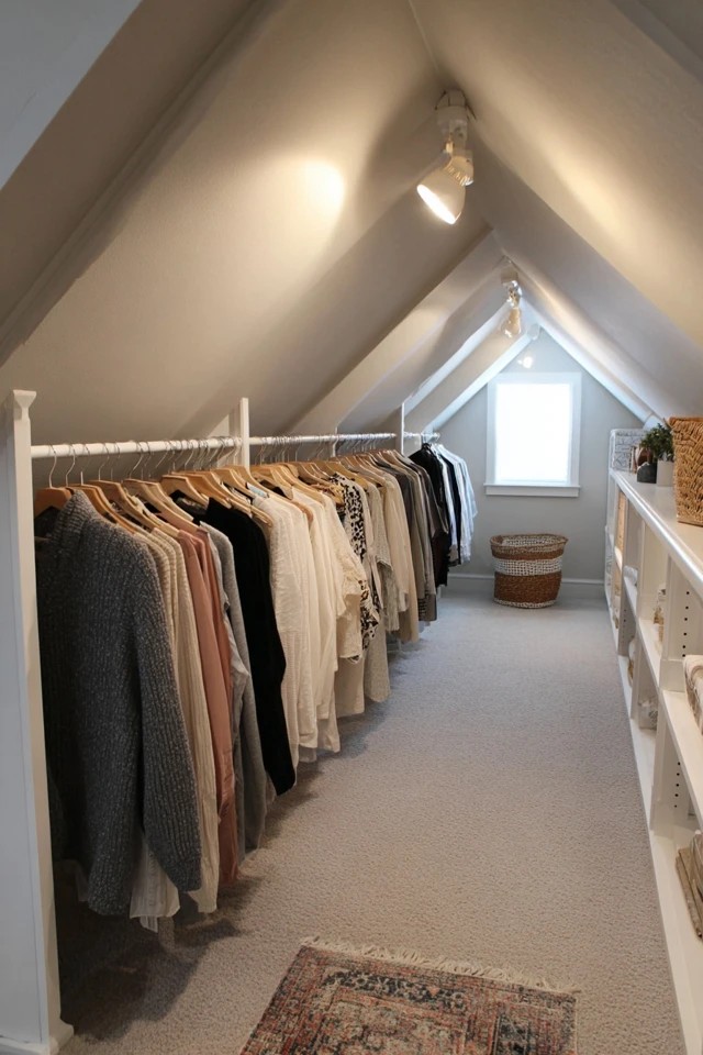 Mounted hanging rod holding off-season garments in a clean attic clothing storage area