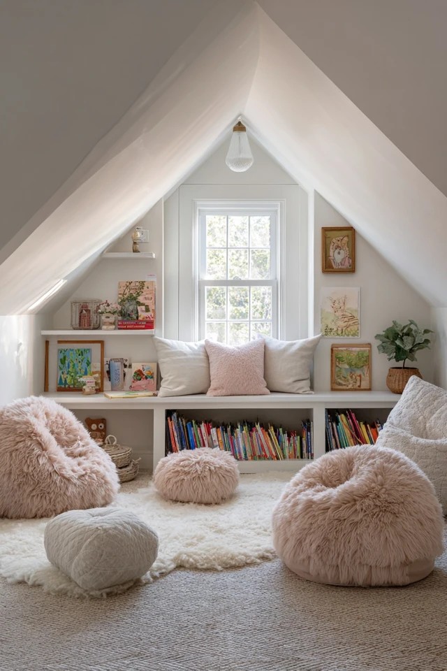 Floor cushions and beanbags in a dormer window alcove creating a cosy reading nook in an attic playroom