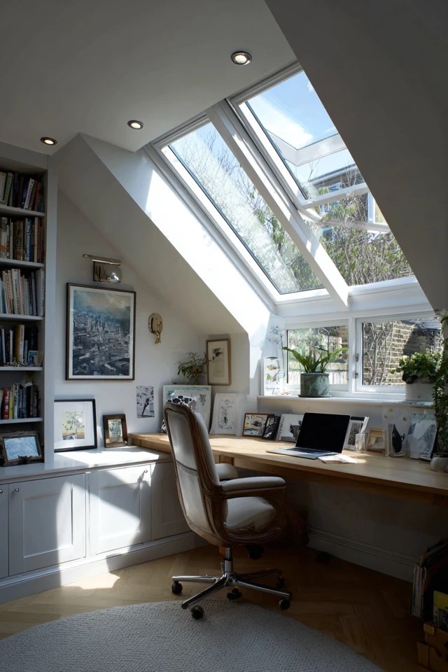 Roof window skylight directly above the attic office desk providing bright even natural task illumination