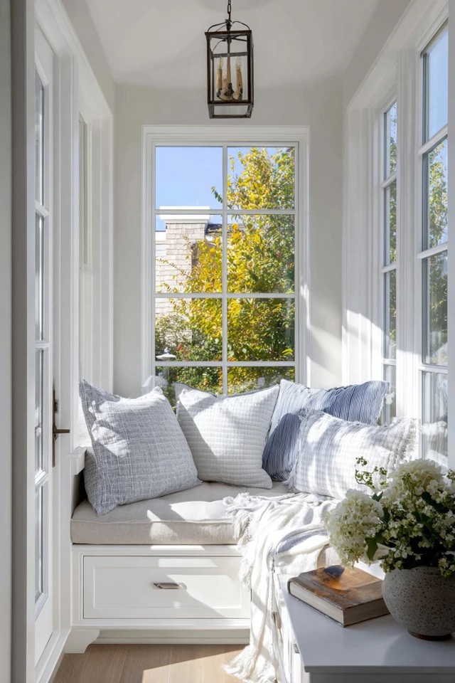 L-shaped built-in corner bench with storage making efficient use of a small sunroom corner