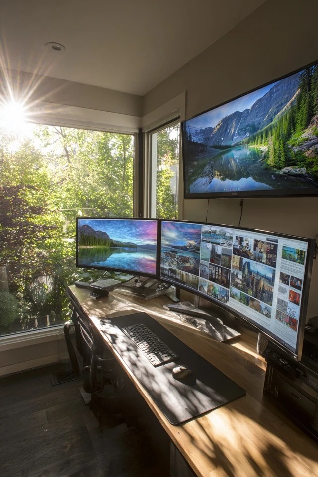 Lateral filing cabinet and storage credenza keeping a professional sunroom office organized and clutter-free