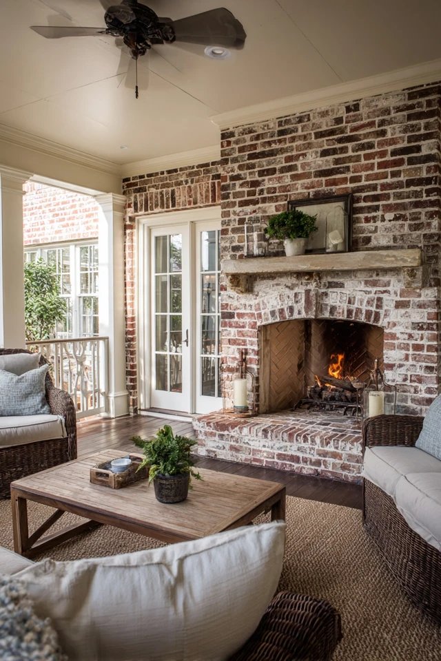 Red brick fireplace surround creating traditional warmth and authentic character in a classic sunroom