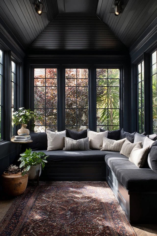 Charcoal or black painted ceiling creating dramatic overhead enclosure in a bold moody sunroom