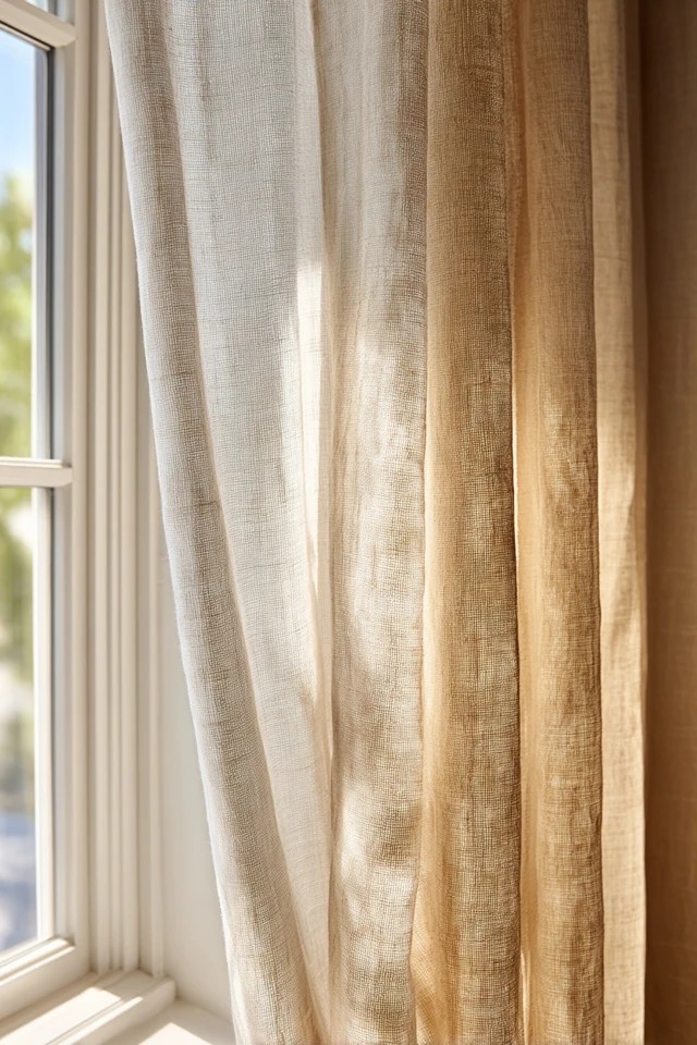 Natural beige sand-toned linen curtain panels creating warm earthy window dressing in a cozy sunroom