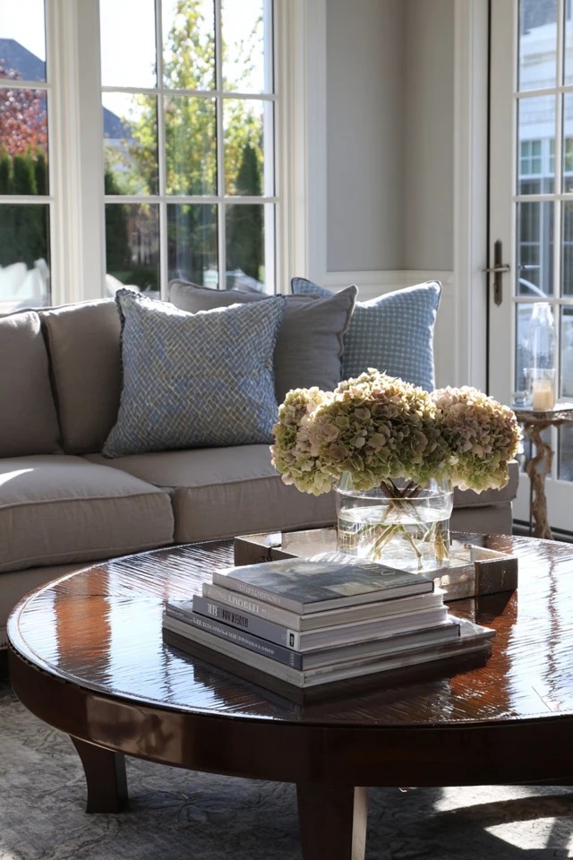 Wood or glass coffee table anchoring the seating arrangement as a functional centrepiece in a sunroom living room