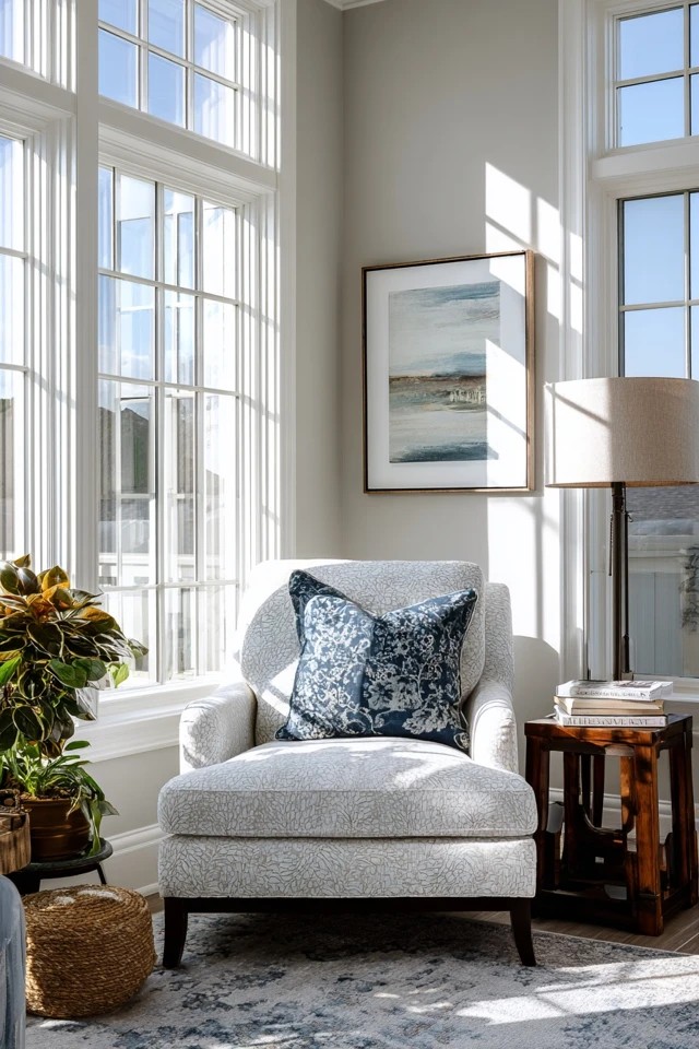 Upholstered armchair with floor lamp creating a cosy reading retreat corner in a sunroom bedroom