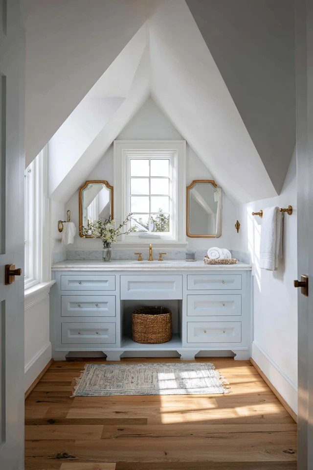 Vanity sink built into a dormer window alcove using the architectural feature for natural light grooming