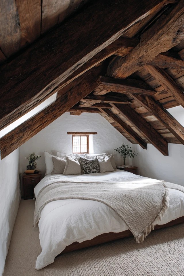 Minimal low-profile platform bed suited to the proportions of a low ceiling attic bedroom