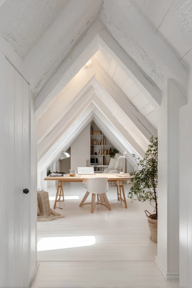 White walls and sloped ceiling creating a bright energising open-feeling attic office workspace