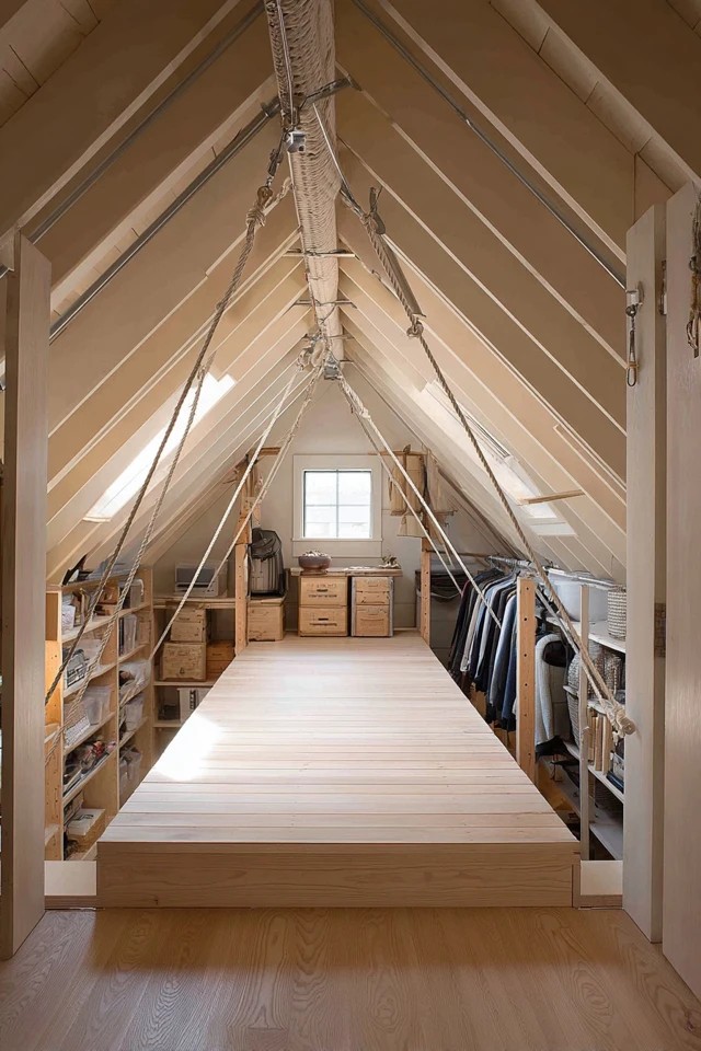 Spring-loaded pull-down folding attic stairs providing safe accessible entry to the attic storage space