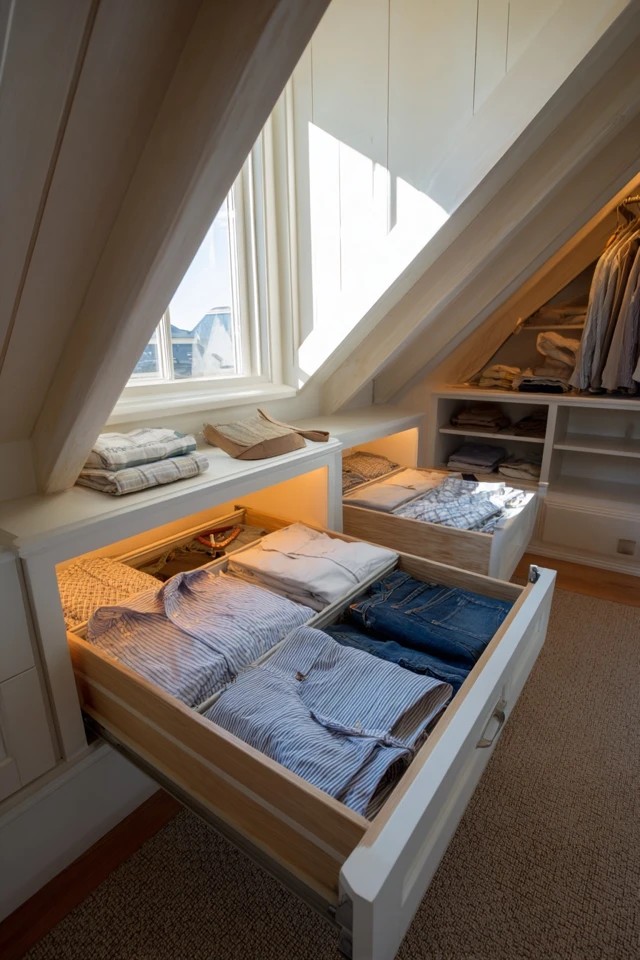 Cedar-lined closet walls protecting stored garments naturally from moths in an attic wardrobe space