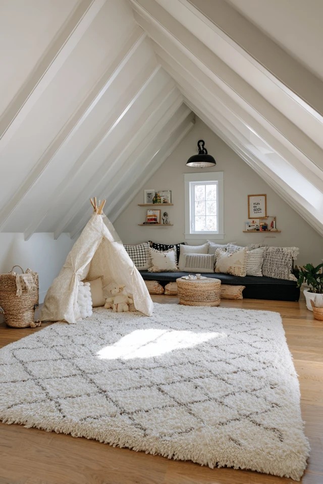 Durable machine-washable area rug defining the play zone over hardwood in an attic playroom