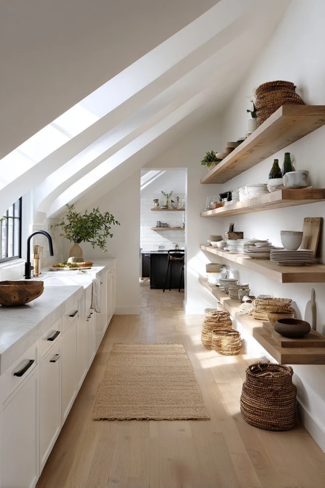 Floating open shelves replacing upper cabinets creating visual openness in a compact attic kitchen