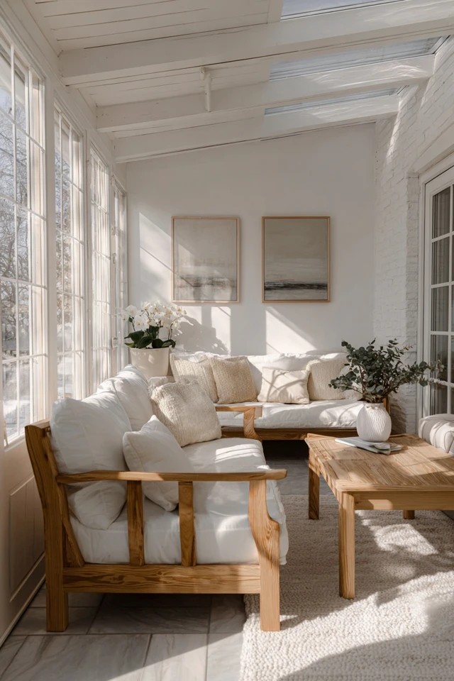 White walls, pale oak furniture, and cream textiles creating an airy spacious small sunroom