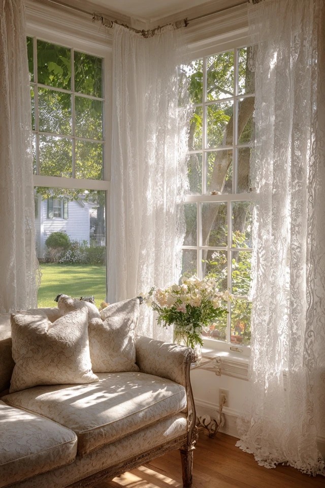 White lace curtain panels with floral patterns filtering light in a romantic cottage sunroom