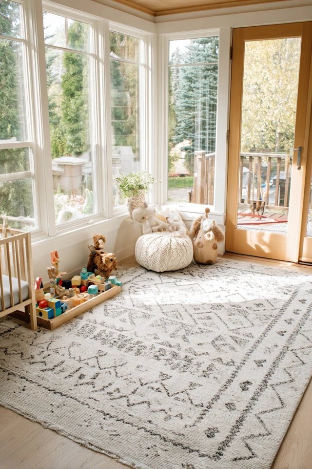 Machine-washable patterned area rug creating a durable practical foundation in a sunroom playroom