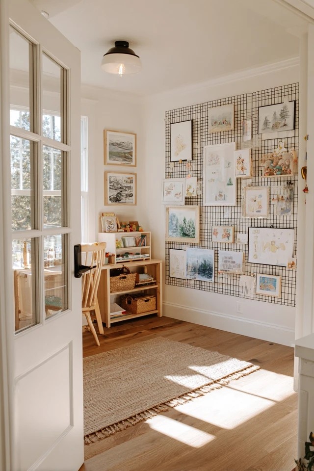 Wire grid and clipboards displaying rotating children's artwork on a sunroom playroom gallery wall