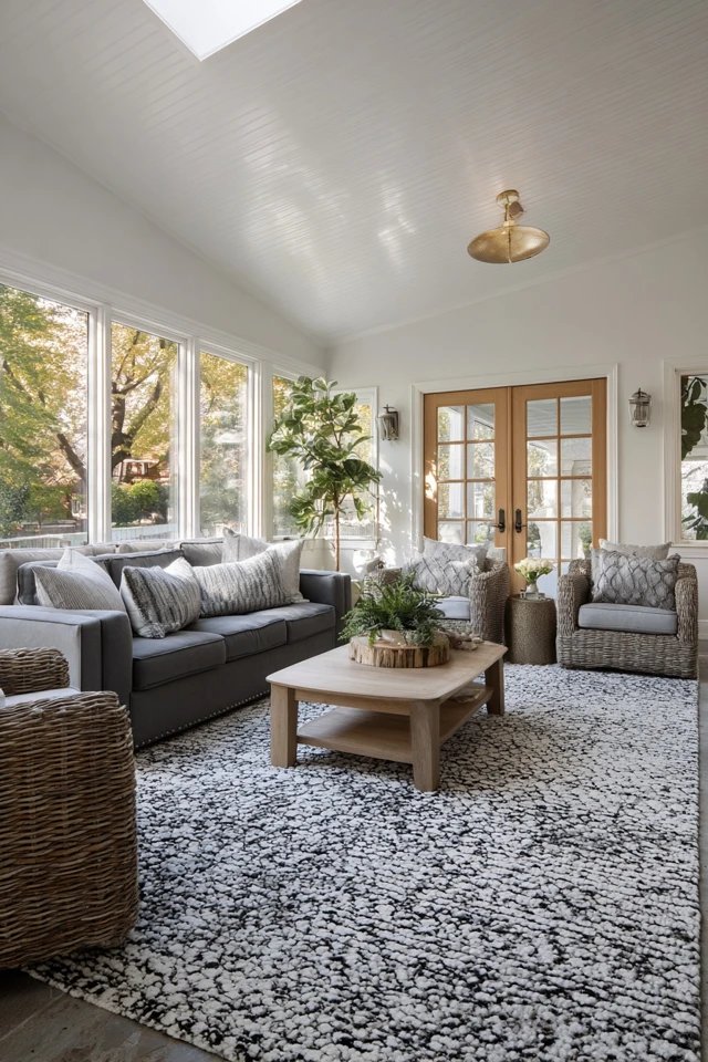 Large area rug anchoring the furniture arrangement and defining the living zone in a sunroom living room