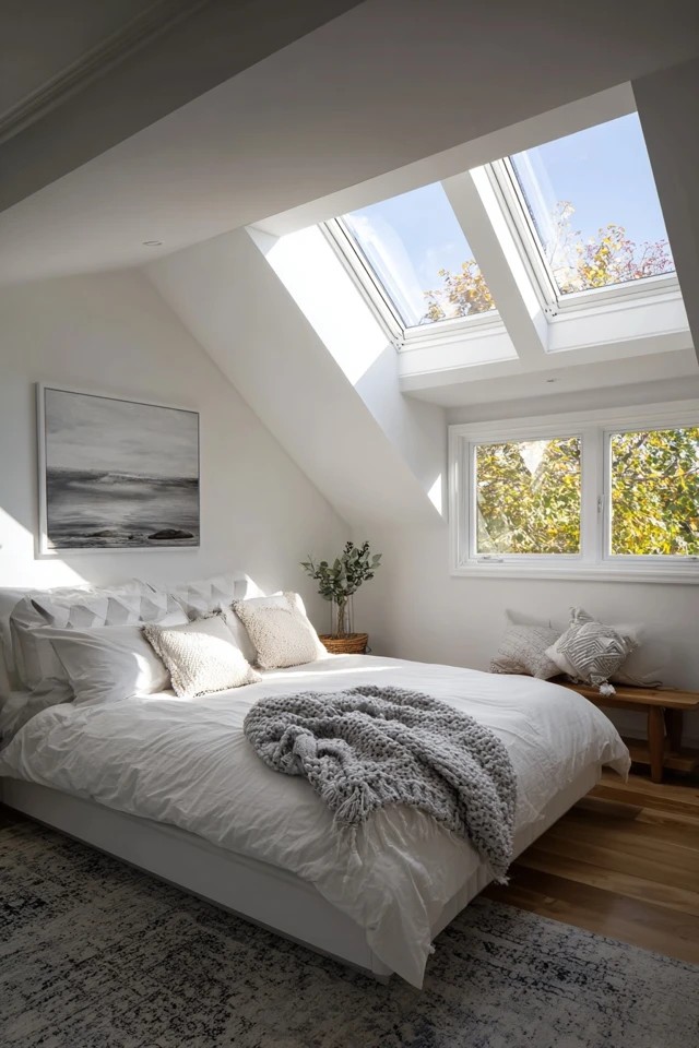 Slope-rated recessed lights installed in the attic bedroom ceiling providing even ambient illumination