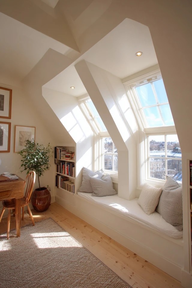 Streamlined galley kitchen along one wall with upper cabinets creating efficient cooking space in an attic apartment