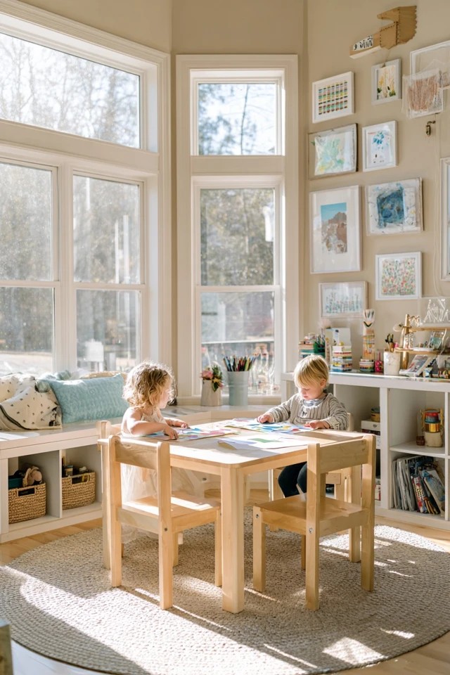 Child-sized table and chairs creating a dedicated craft and activity zone in a sunroom playroom