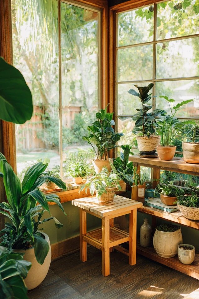 Cushioned built-in window seat with storage beneath creating architectural seating in a sunroom living room