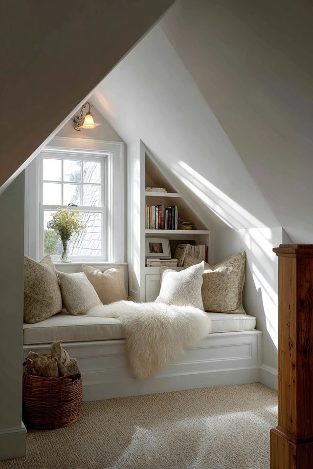 Original exposed wood roof beams adding rustic warmth and character to a low ceiling attic bedroom