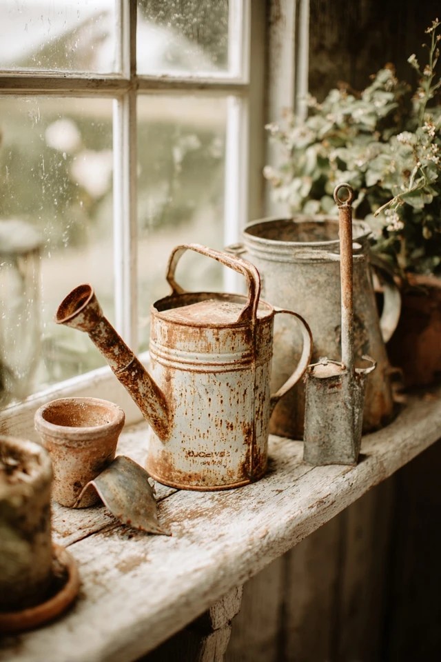 Framed vintage botanical prints and pressed flower illustrations on a cottage sunroom wall