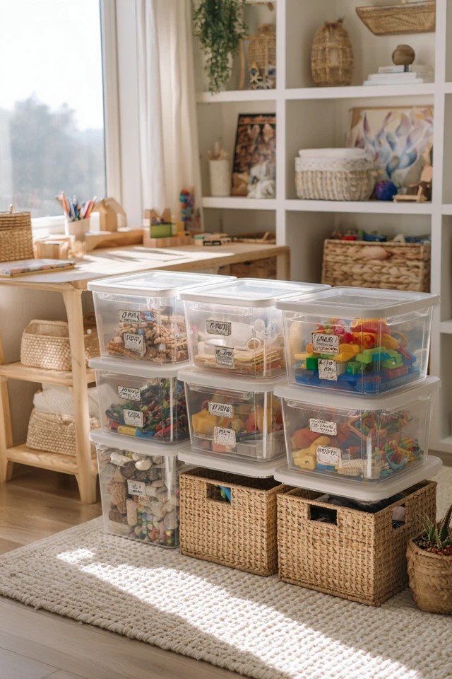 Clear labeled bins and organized toy rotation system in a tidy sunroom playroom