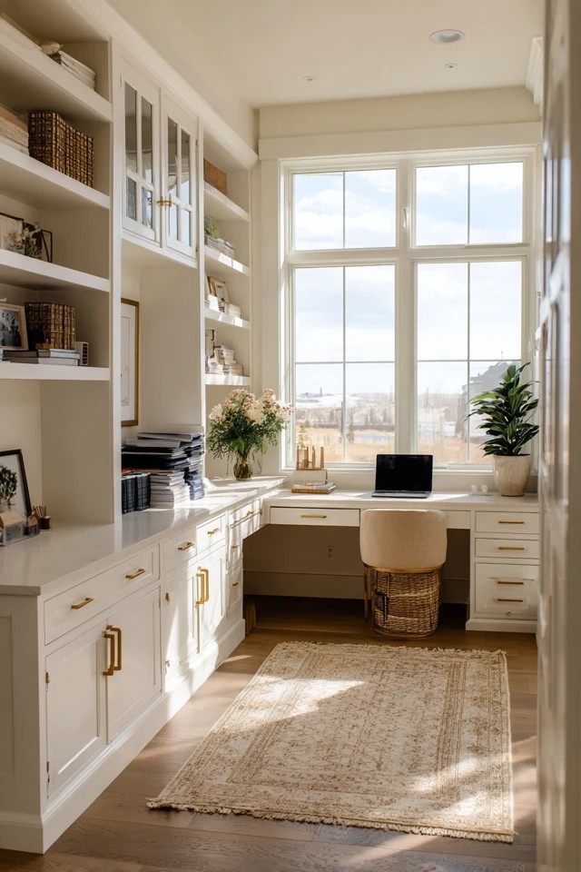 Adjustable desk lamp providing focused task lighting to supplement natural light in a sunroom office