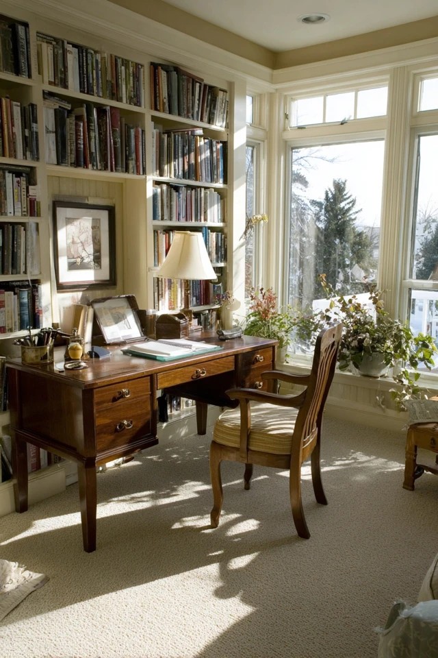 Adjustable floor lamp providing focused directed reading light in a well-lit sunroom library