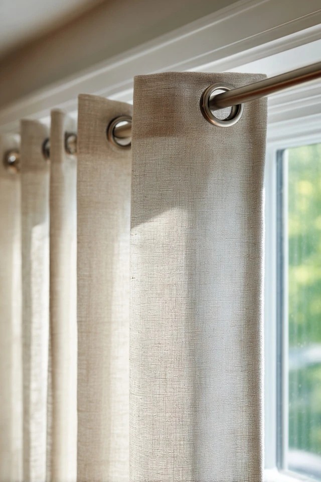 White fabric tie-top curtain panels with knotted ties creating casual cottage charm in a relaxed sunroom