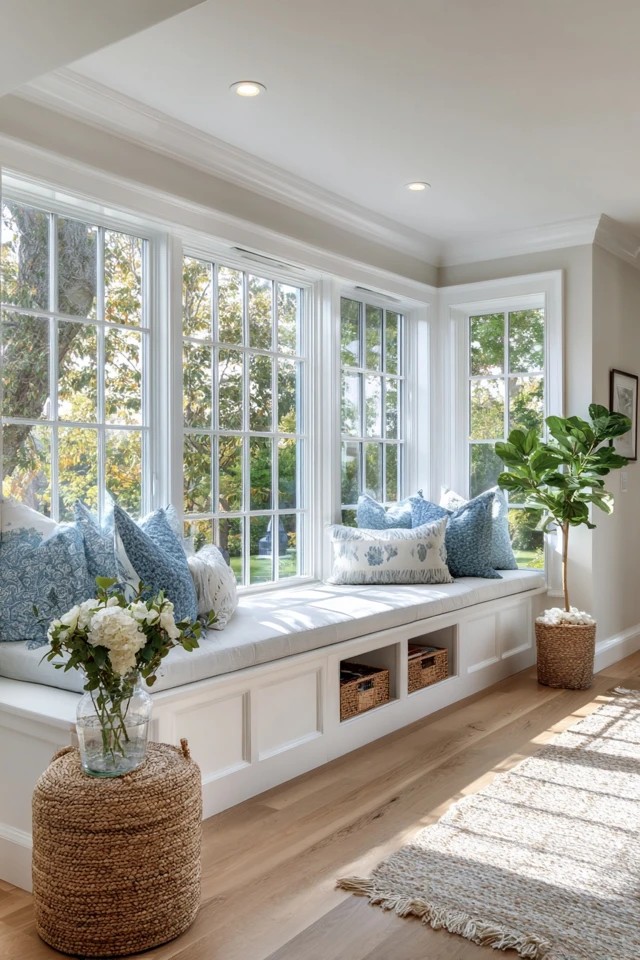 Potted plants on stands and shelves creating a lush botanical living atmosphere in a sunroom living room