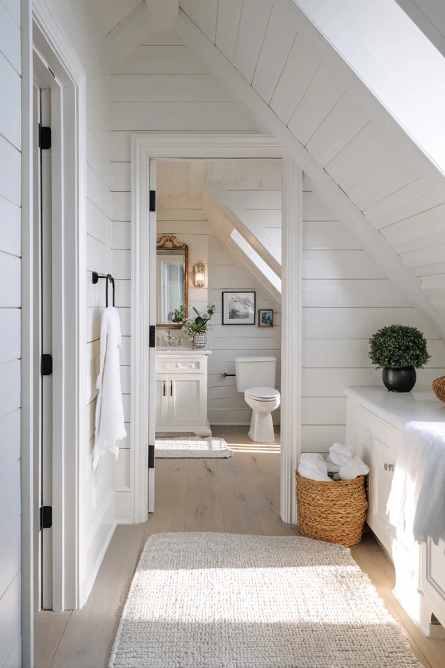 Original exposed wood roof beams creating rustic architectural warmth in a character-filled attic bathroom