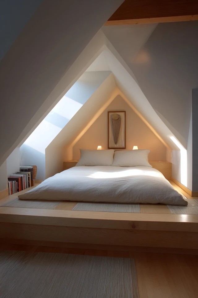 Skylight and dormer windows flooding a low ceiling attic bedroom with natural daylight from above
