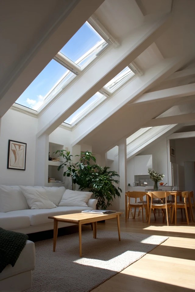 Dormer window alcoves flooding the attic apartment with natural light and creating cosy nooks for seating or desks