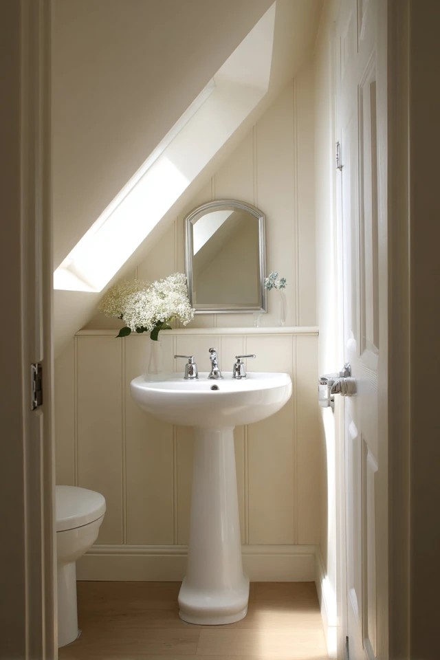 Sloped ceiling with original exposed wood beam adding rustic warmth to a charming small attic bathroom